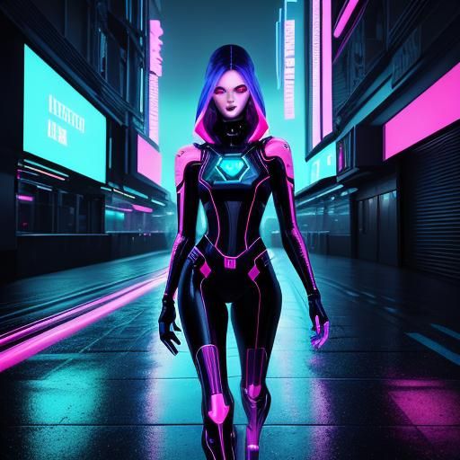 Futuristic Woman in Neon Cityscape Synthwave Art