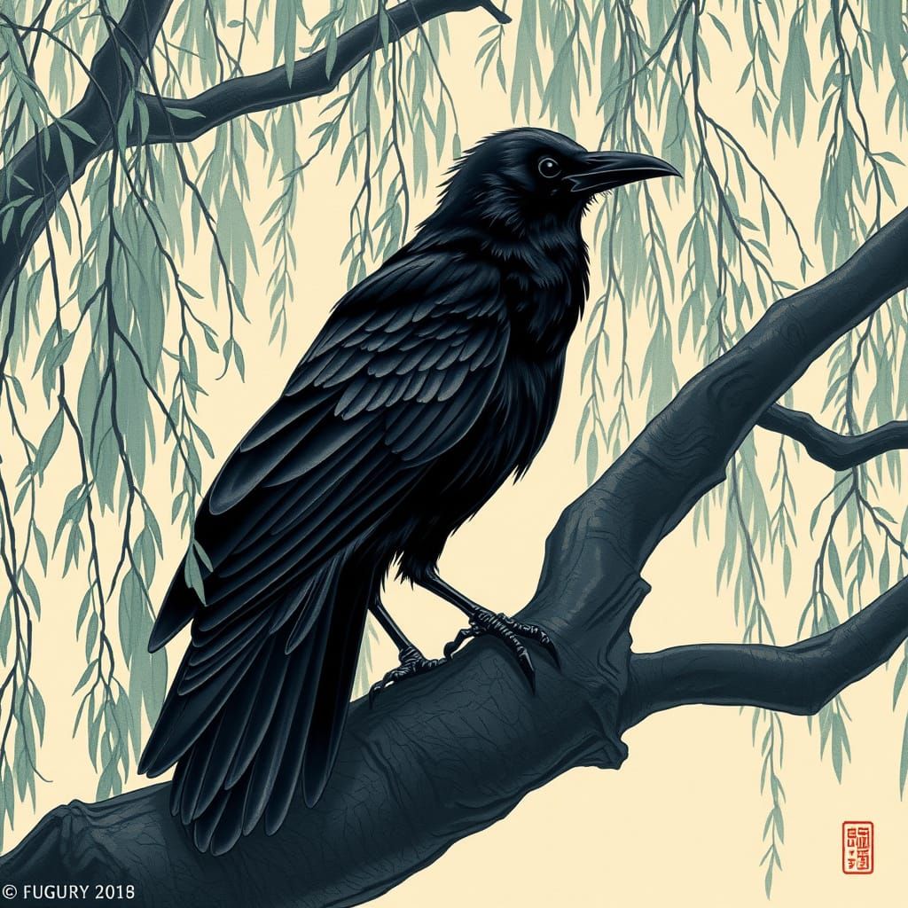 Majestic Crow on Weeping Willow in Japanese Woodblock Style
