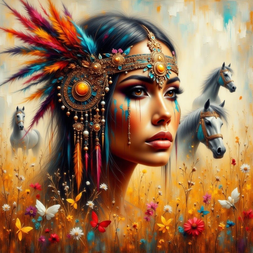 Indian Woman Merging with Horses in Impasto Grunge Style