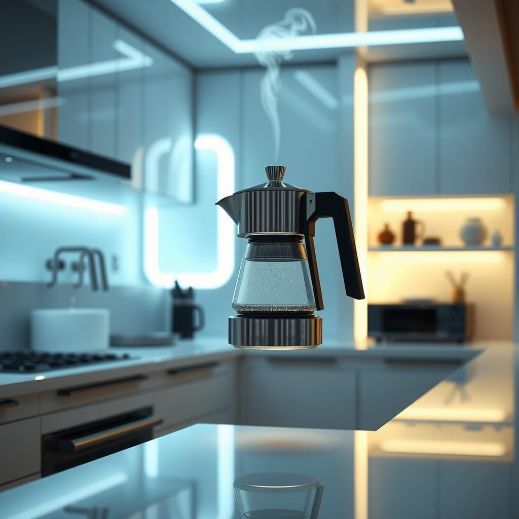 Futuristic Kitchen with Levitating Chrome Coffee Pot