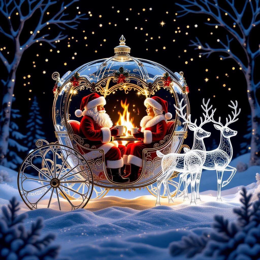 Glass Christmas Carriage with Santa by Fireplace
