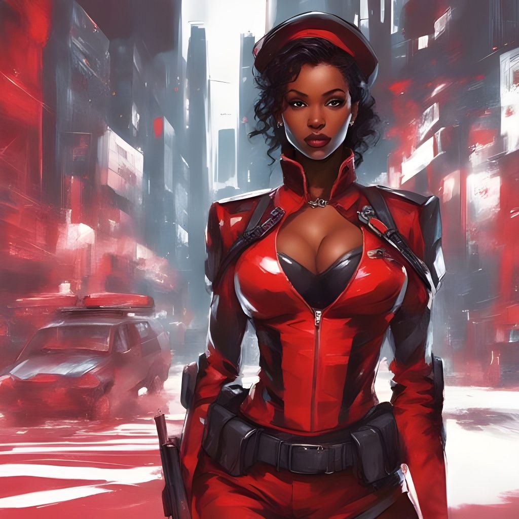 Futuristic Gothic Policewoman in Red Lingerie
