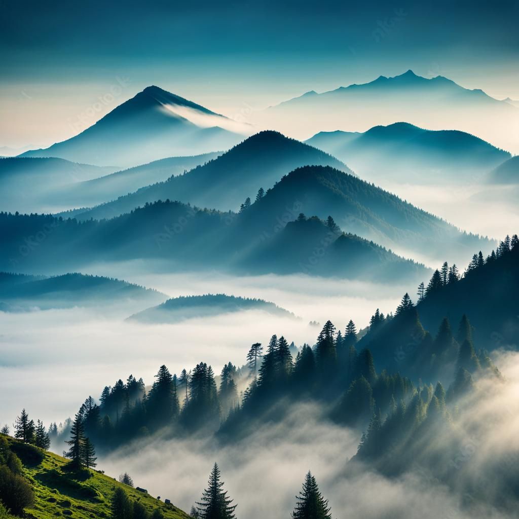 Misty Mountain Landscape in Atmospheric Haze