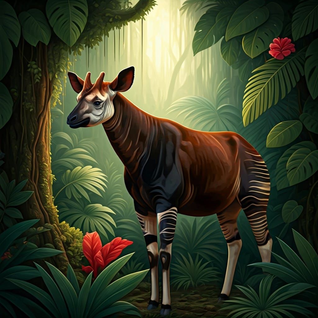 Okapi in Lush Forest, Illustrative Art