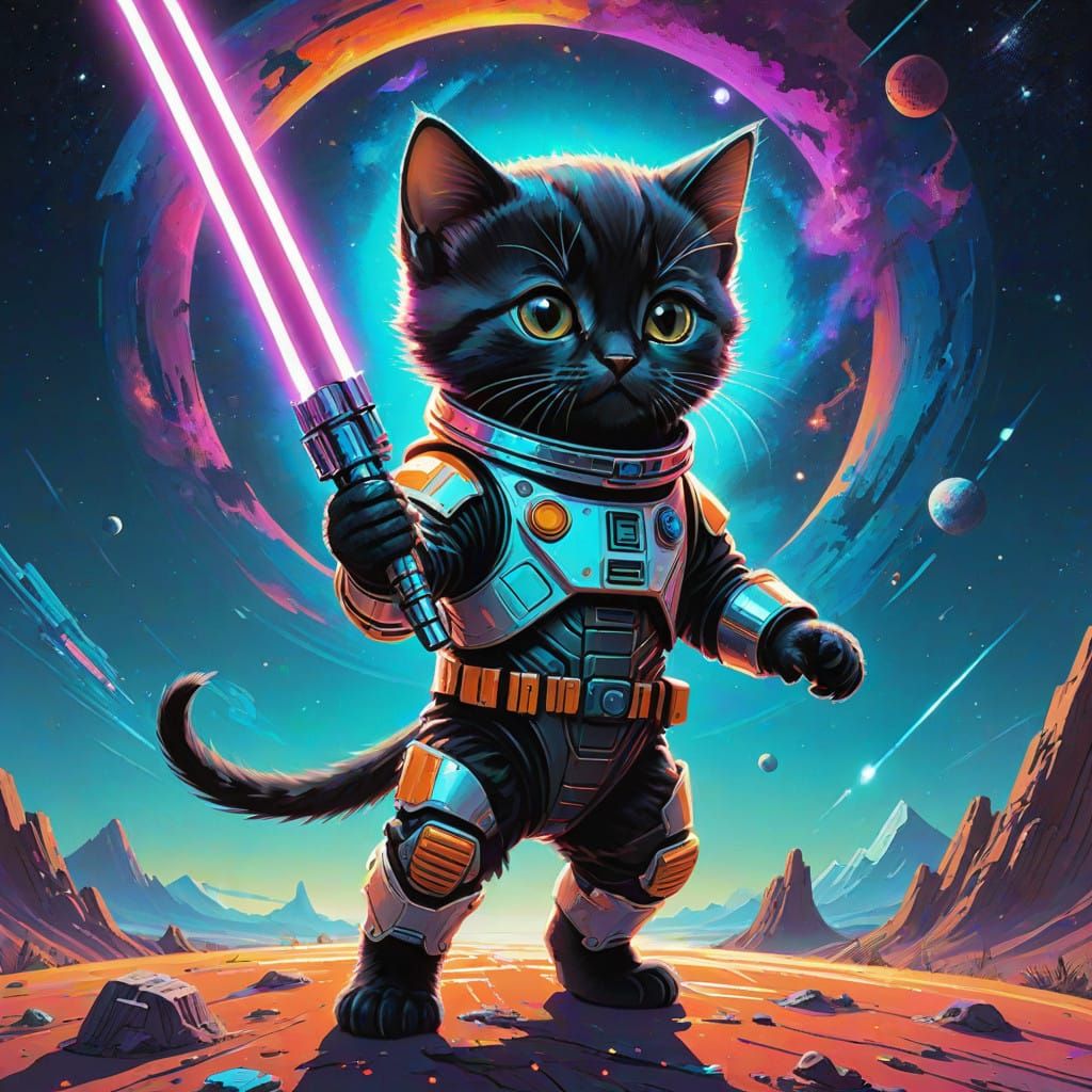 Mystical Black Kitten in Cosmic Spacesuit with Lightsaber