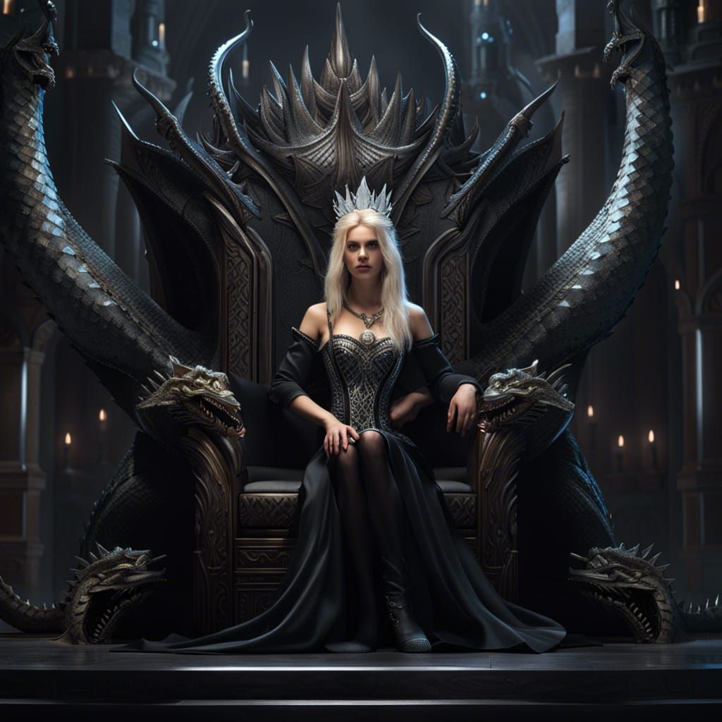 Queen on Throne with Dragon: Dark Fantasy Art