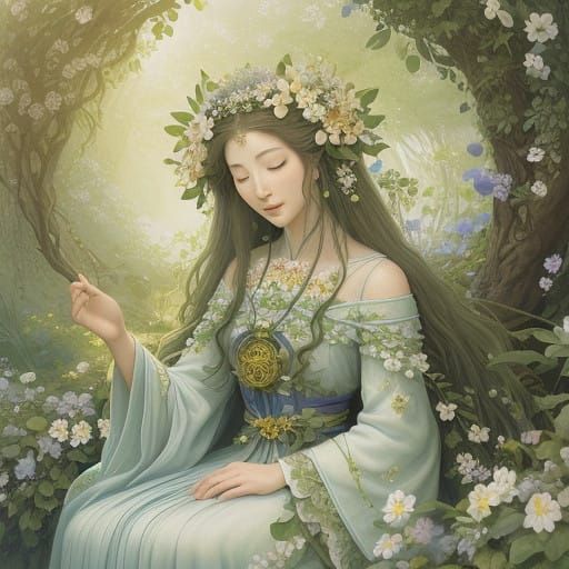 Ethereal Flower Goddess in a Dreamy Garden Setting