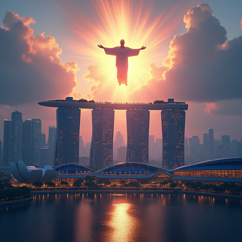 Singapore Skyline Embraced by Christ, in Unreal Engine Style