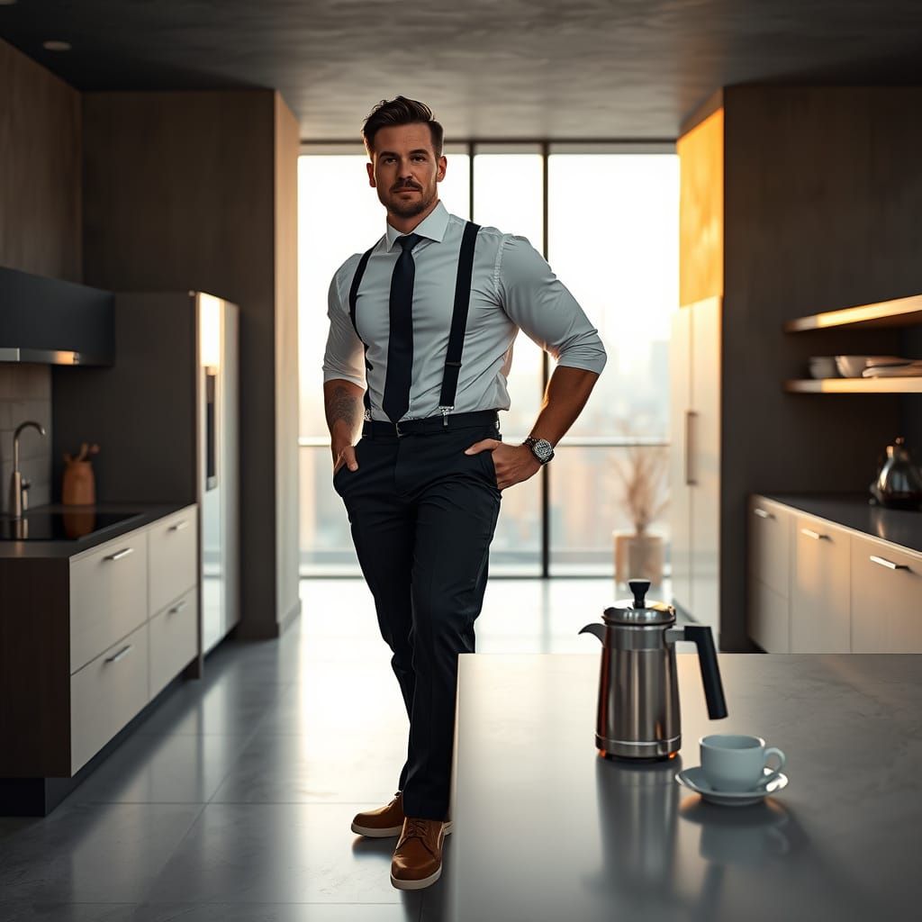 Confident Man in Brutalist Kitchen, Photorealistic Style