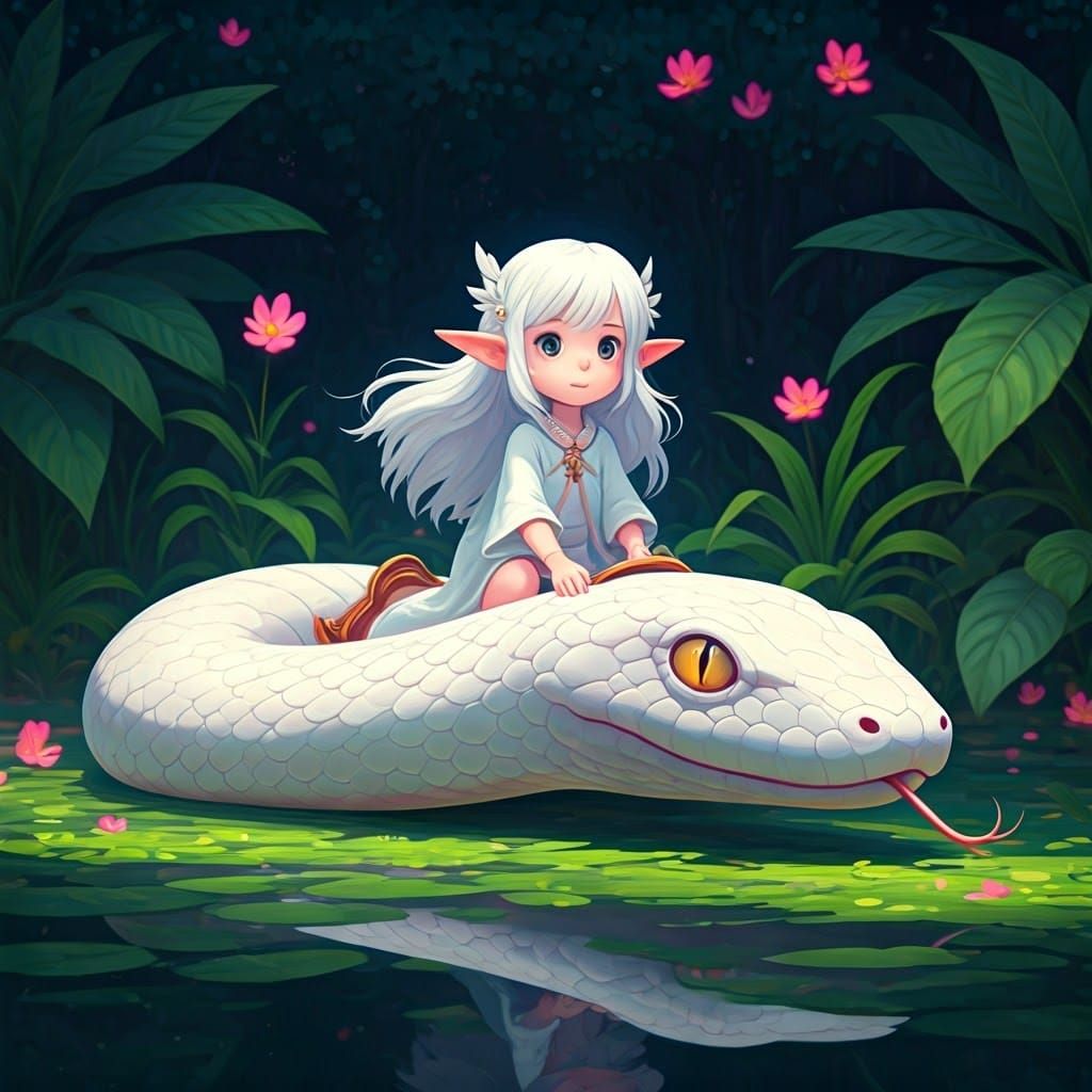 Elf Girl Rides Snake in Studio Ghibli Style
