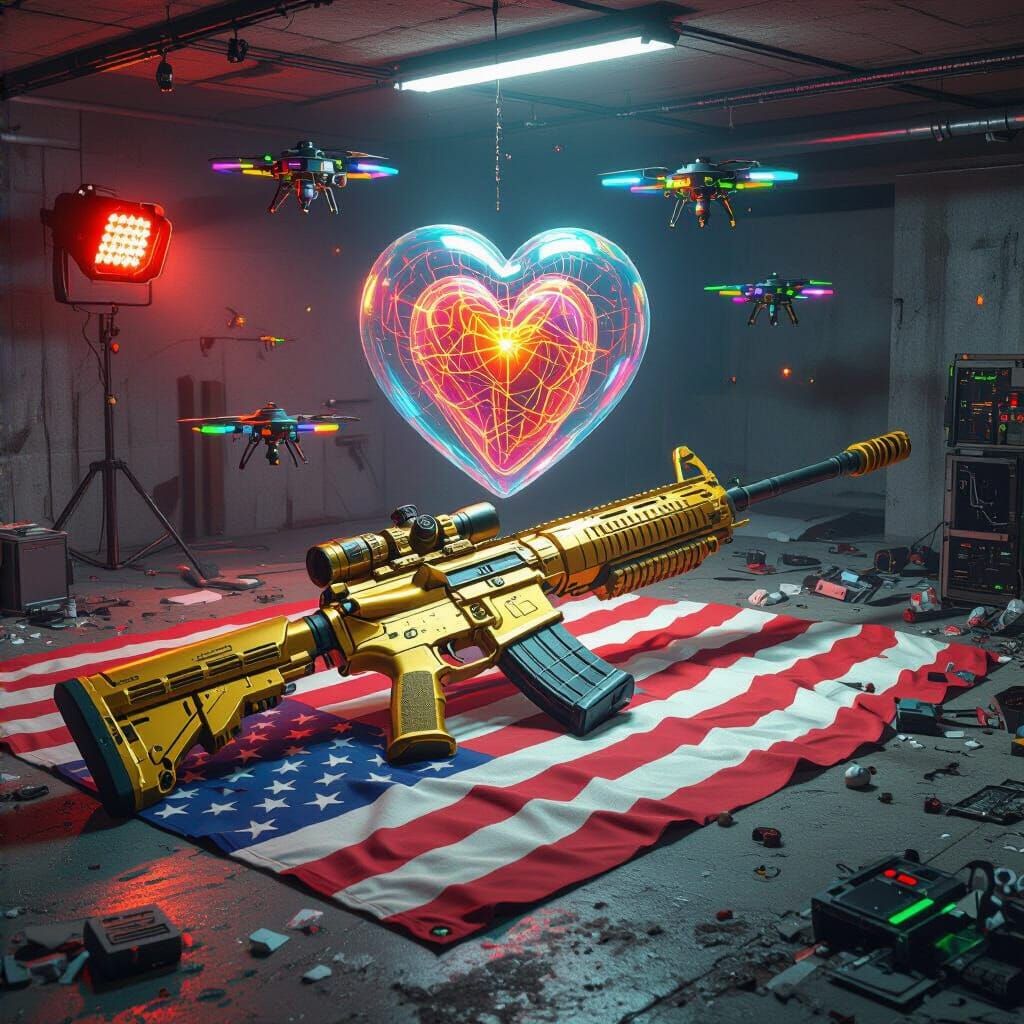 Futuristic Rifle and Floating Heart in Sci-Fi Basement