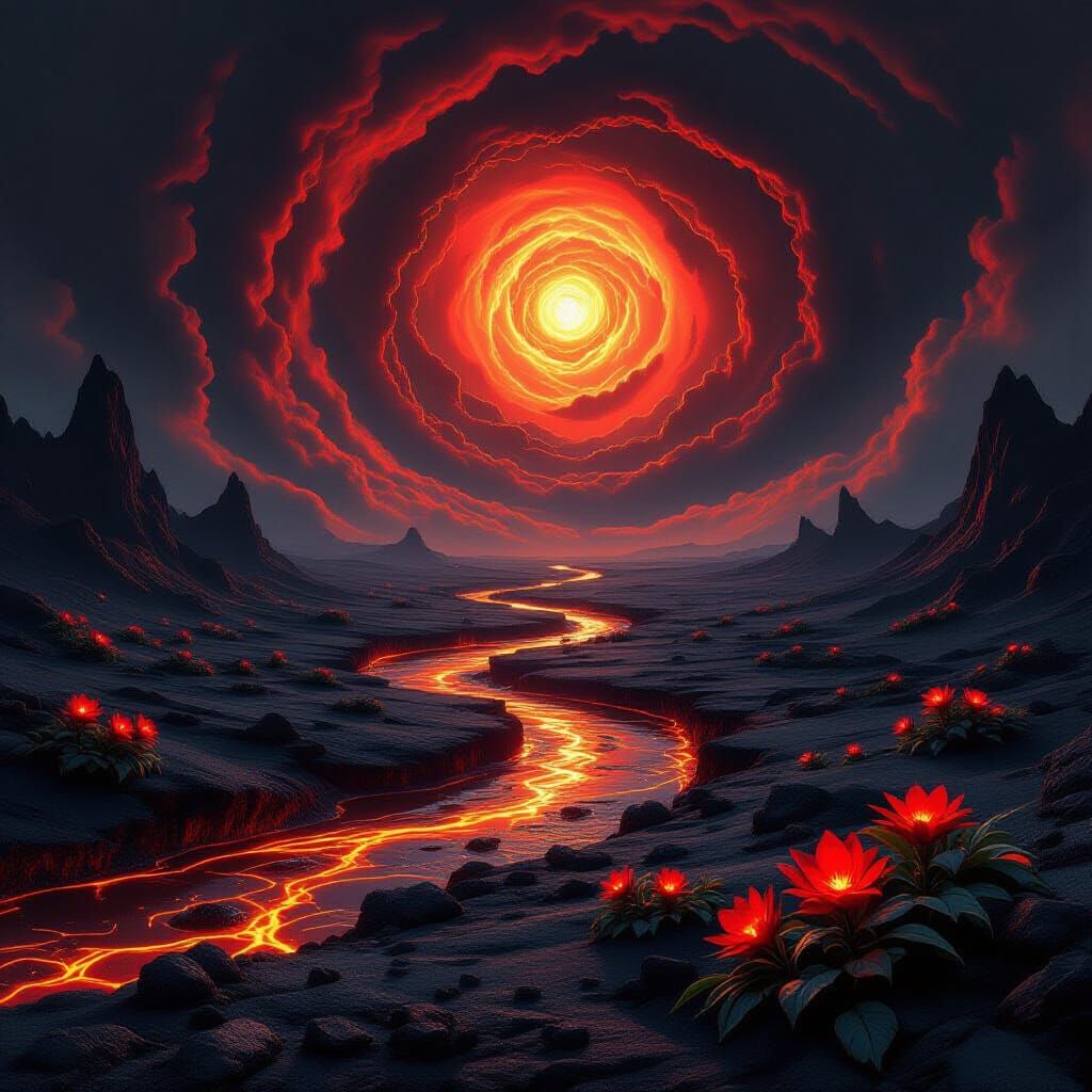 Alien Volcanic Eruption with Bioluminescent Plants