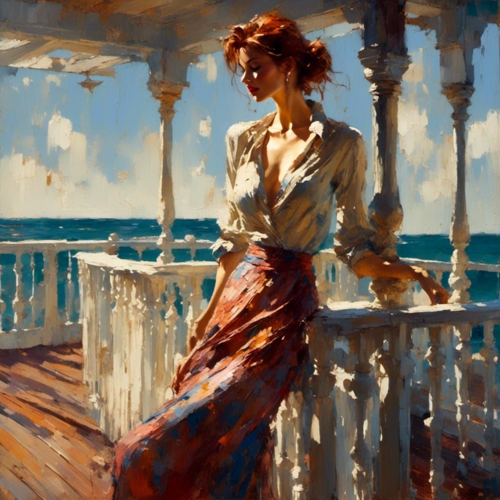 Impasto Impressionism: Woman on Beach House Deck