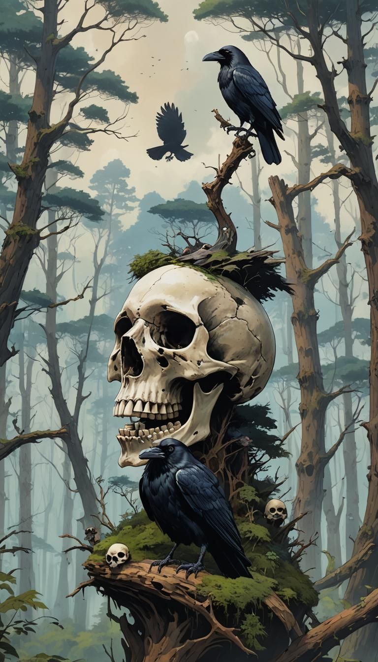 Raven on Skull in Studio Ghibli Style