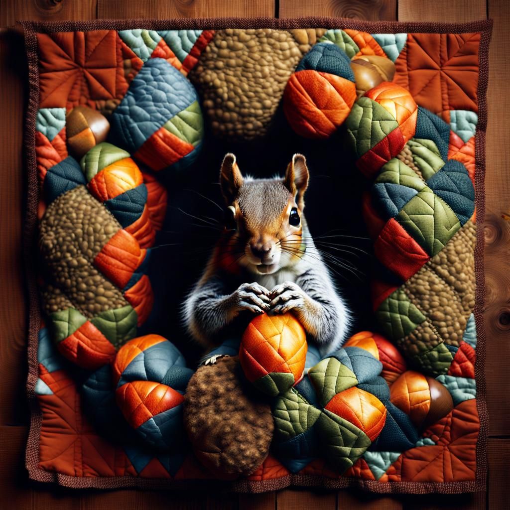 Fuzzy Squirrel in Ornate Nut Quilt: Vintage Photo