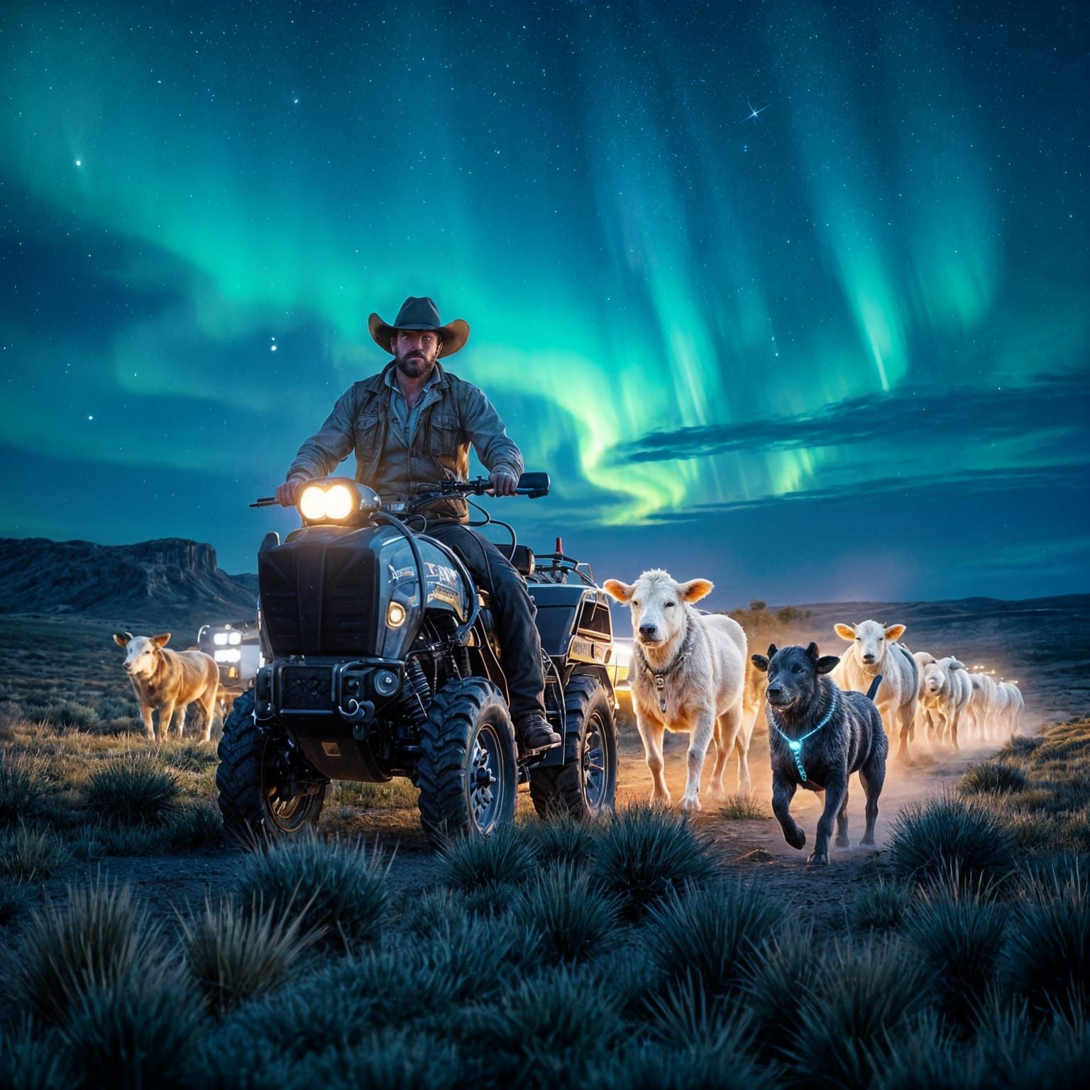 Frontier Rancher Herds Glowing Cattle Under Cosmic Sky