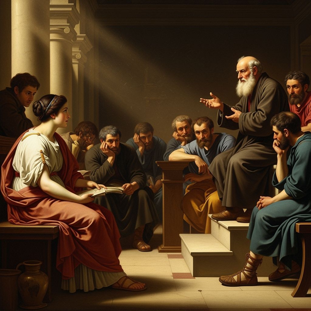 Woman Attends Ancient Greek Lecture in Oil Painting Style