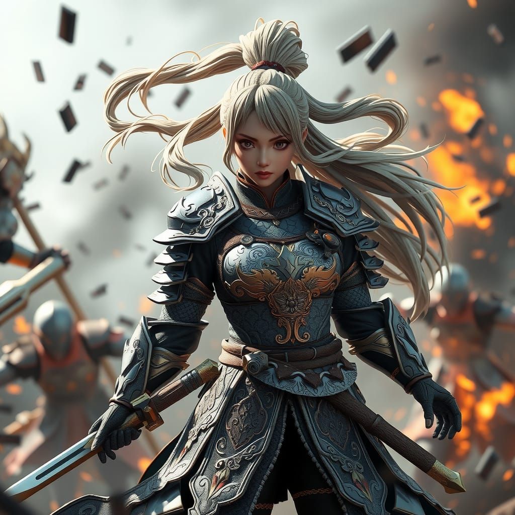 Ornate Anime Warrior in Epic Battle Scene