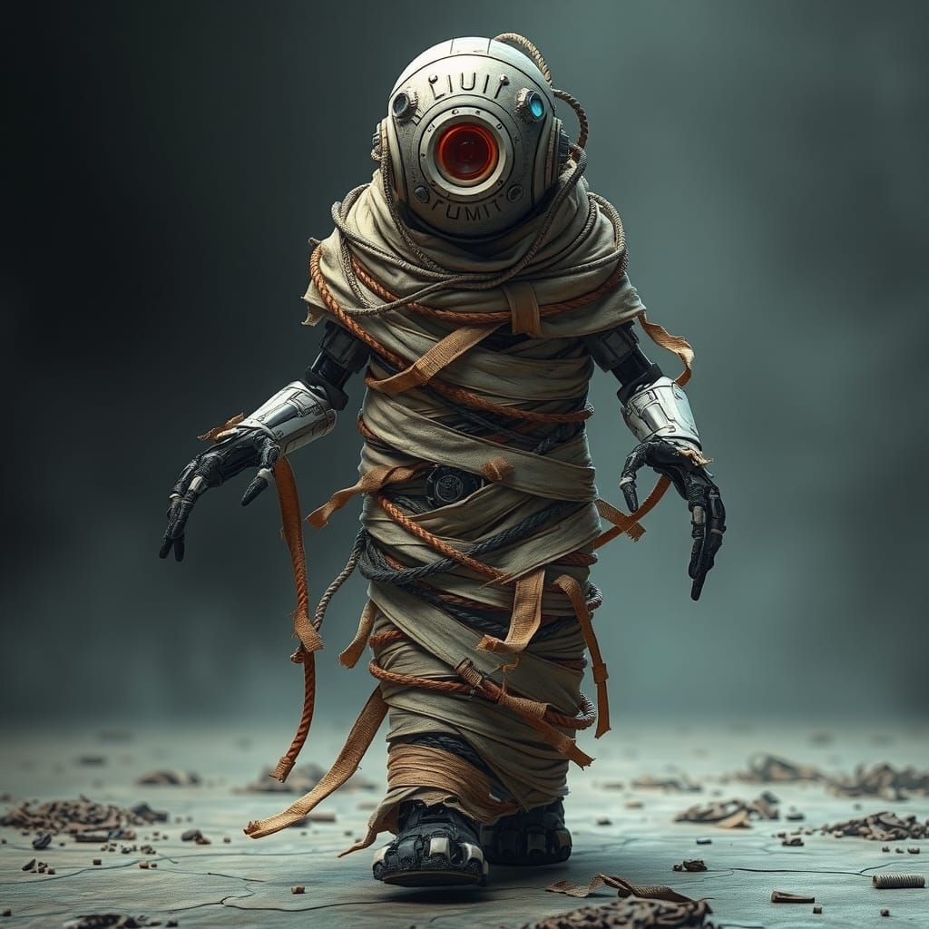 Steampunk Robot Mummy with Glowing Blue Eyes