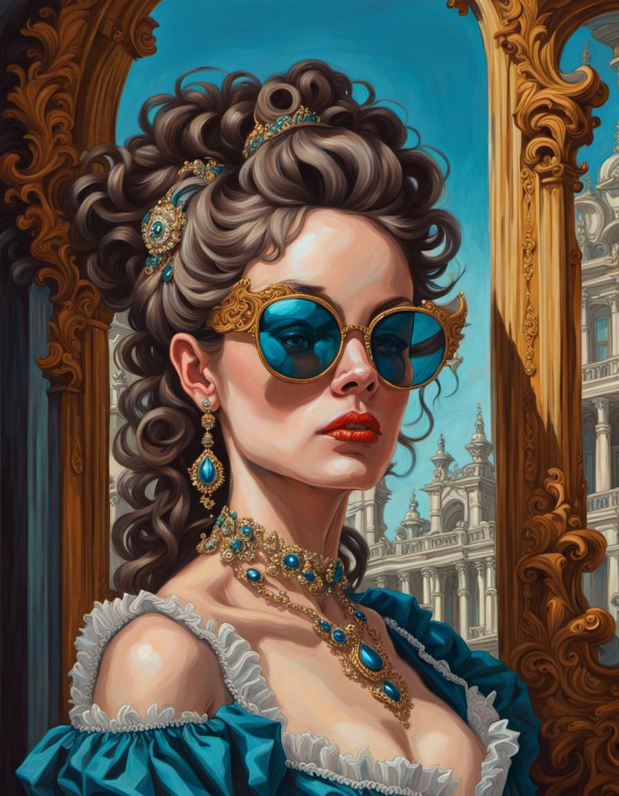 Rococo Woman in Mirrored Sunglasses Oil Painting