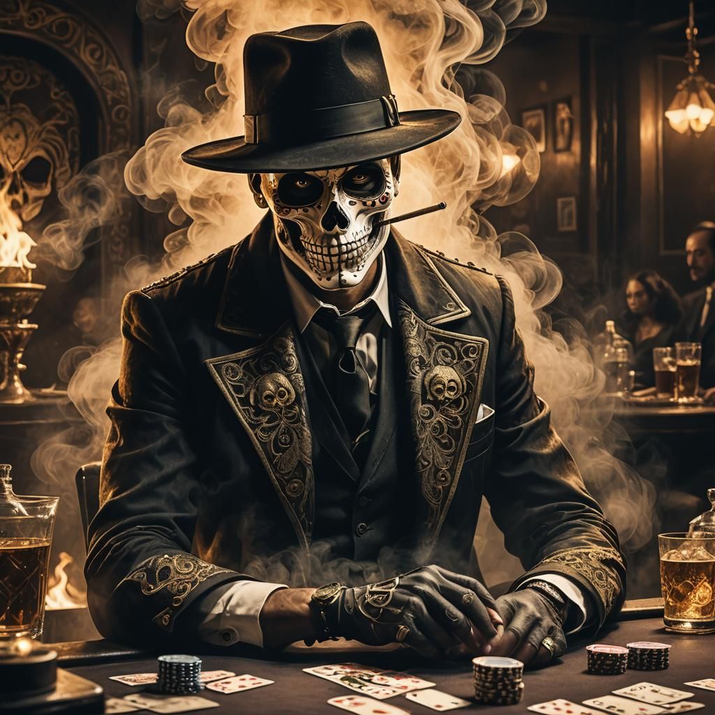 Sugar Skull Gangster Playing Poker with Grim Reaper