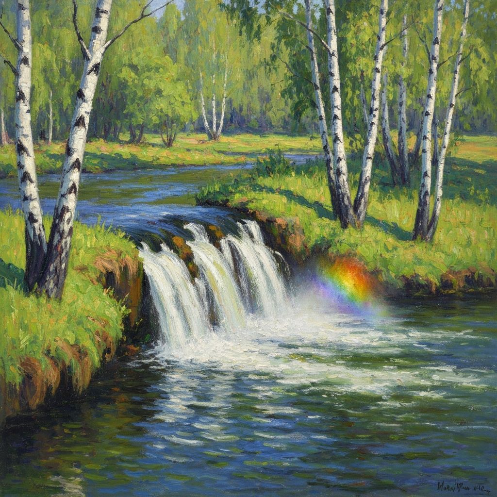 Impressionist Waterfall in Birch Forest