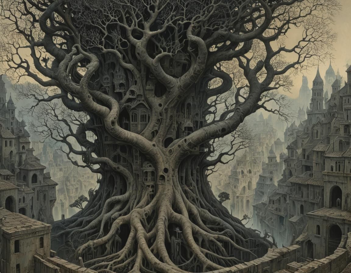 Surreal Tree Architecture in Dreamlike Landscape