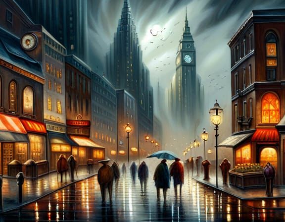 Monochrome Cityscape at Night in Ethereal Style