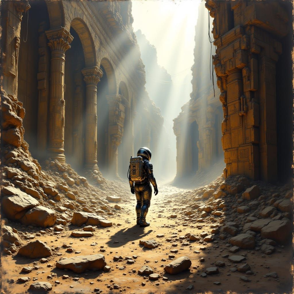 Astronaut Explores Alien Ruins in Digital Painting