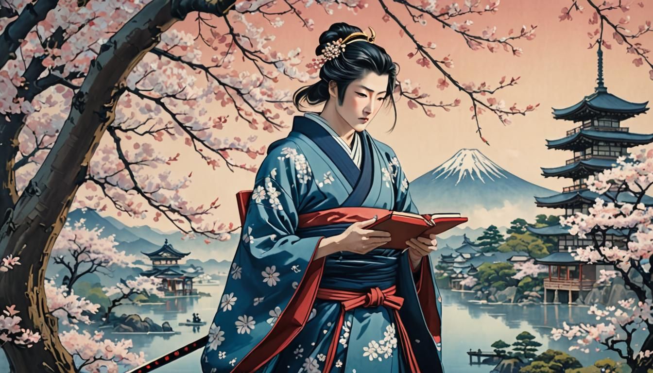 Geisha and Samurai in Ukiyo-e Cherry Blossom Scene