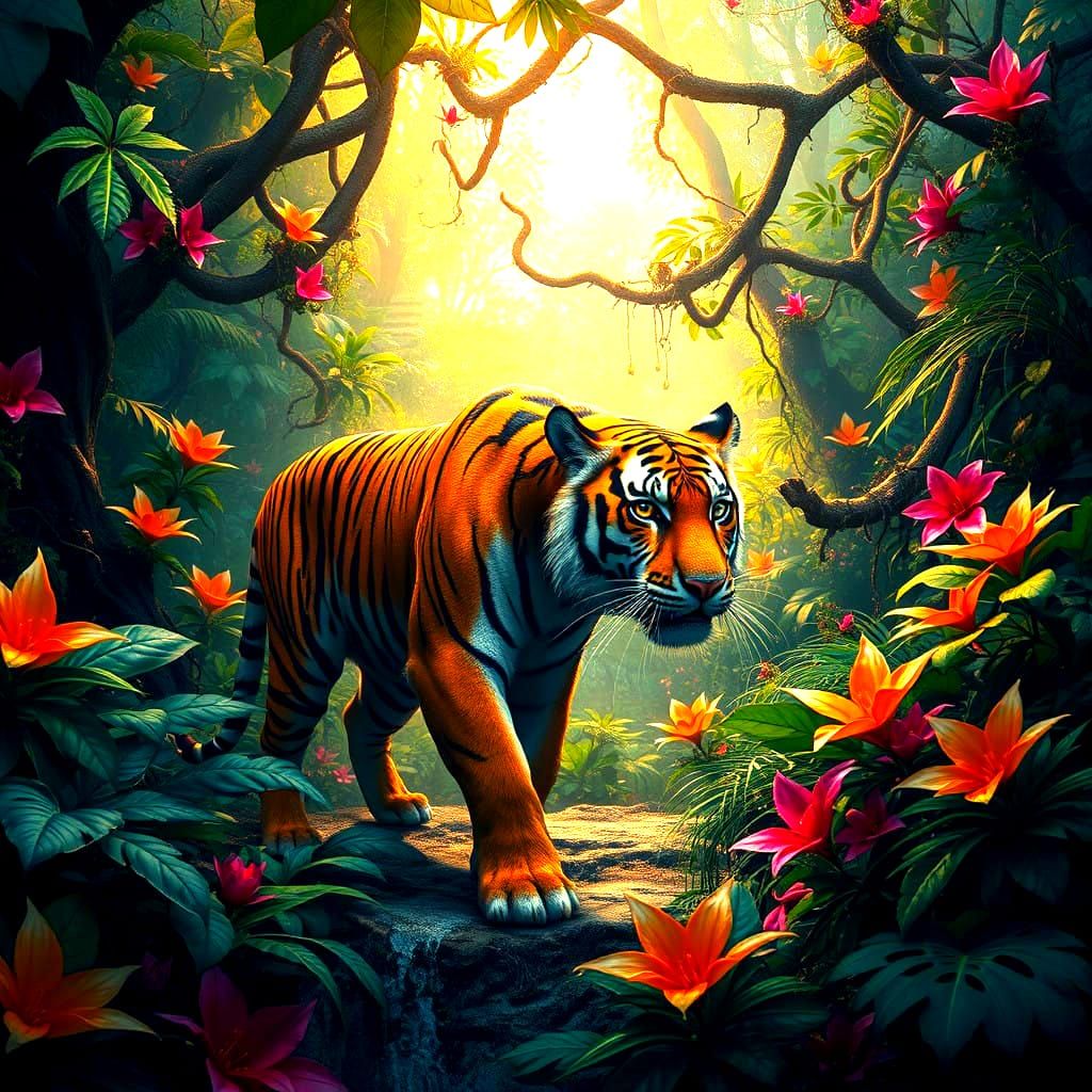 Tiger Embarks on Enchanted Rainforest Quest in Vibrant Color