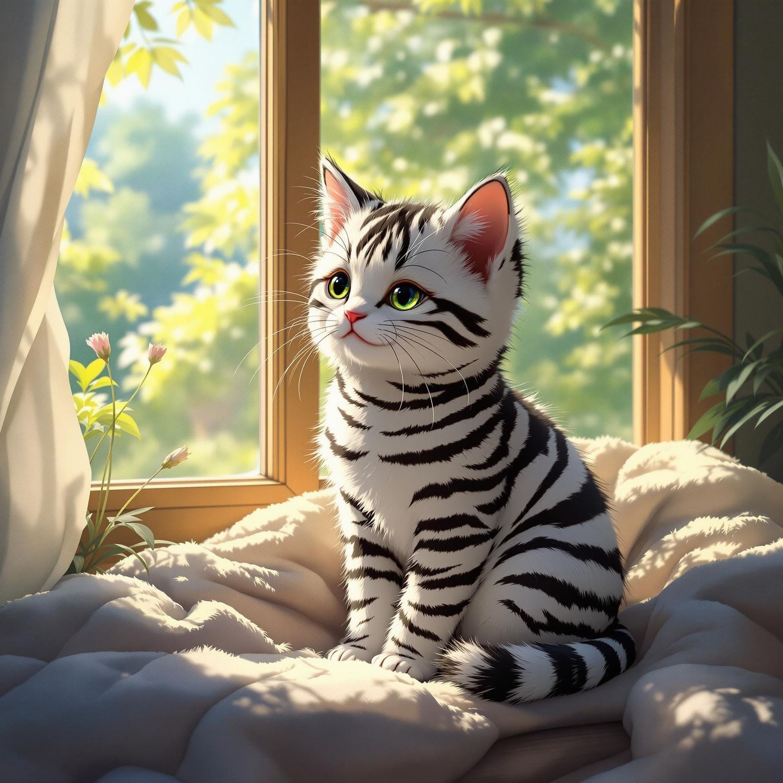 Beautiful Fluffy Kitten in Cozy Studio Ghibli-Inspired Scene