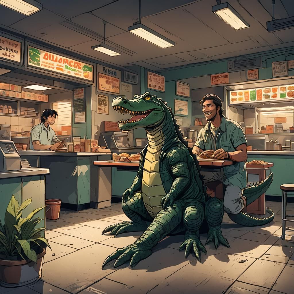 Florida Man and Alligator Order Drive-Thru in Anime Style
