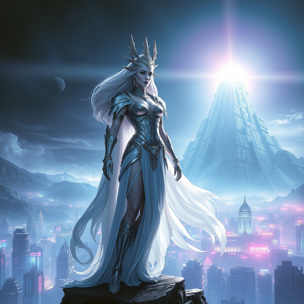 Cyberpunk Goddess in Dystopian Cityscape