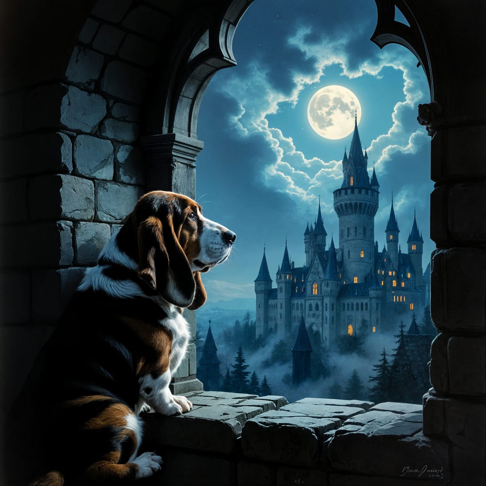 Regal Basset Hound in Gothic Castle Oil Painting
