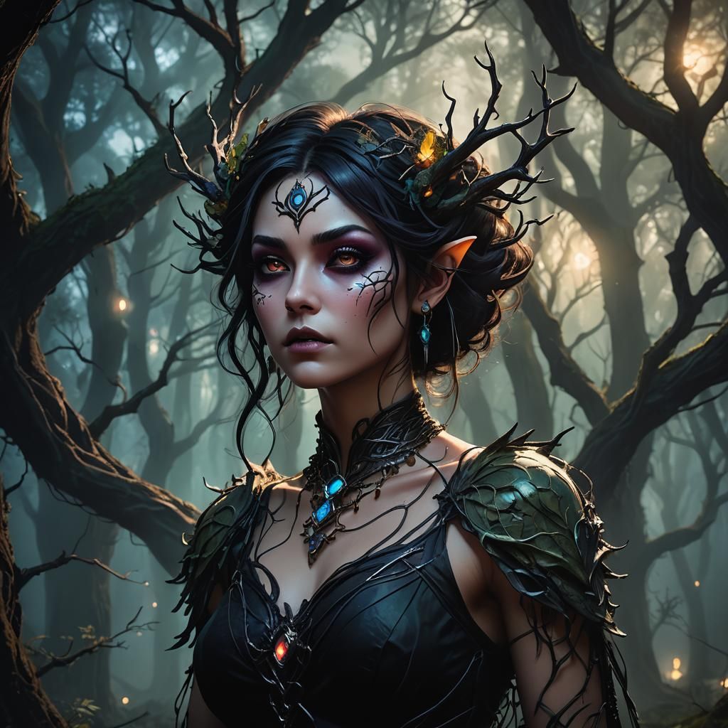Ethereal Dark Fae Woman in Hyper-Realistic Anime Style