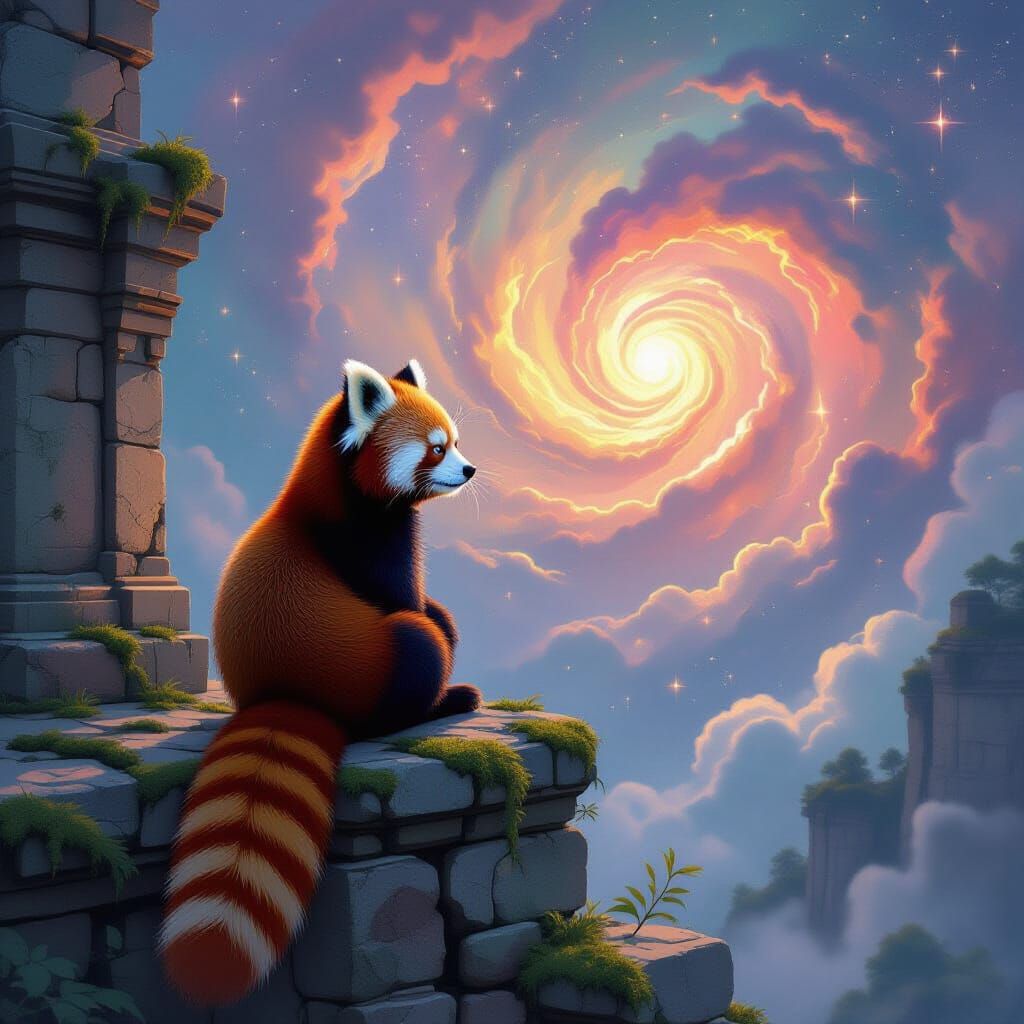 Red Panda on Ancient Ruin Gazing at Nebula