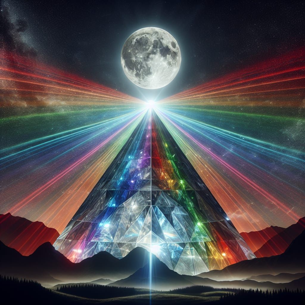 Crystal Pyramid Refracts Moonlight into Rainbow