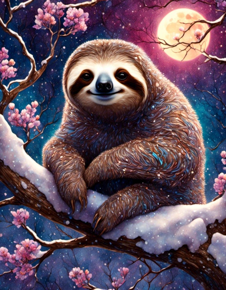 Colorful Sloth on Snowy Branch in Fantasy Art