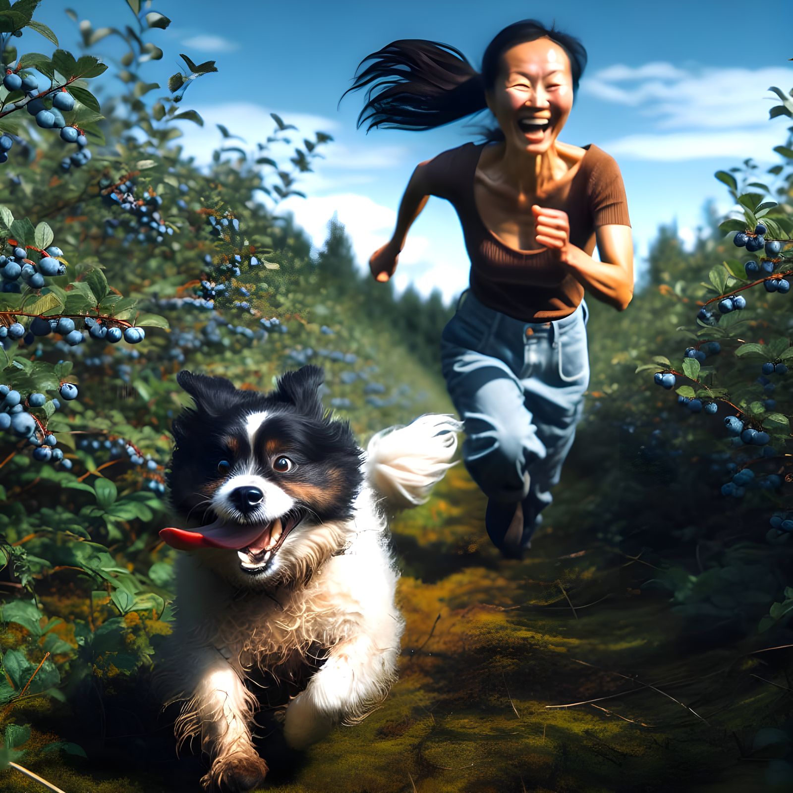 Asian Woman and Her Joyful Dog Chase Through Blueberry Thick...