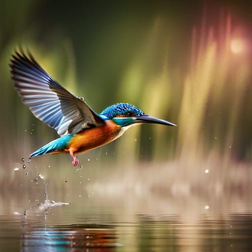 Kingfisher Hovering: Detailed Cosmic Pond Scene