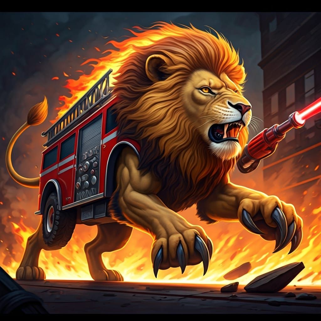 Cartoon Lion Firetruck Hybrid Roaring Through Flames