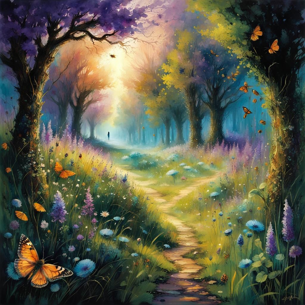 Fantasy Landscape with Pollinating Insects in Ultraviolet Li...