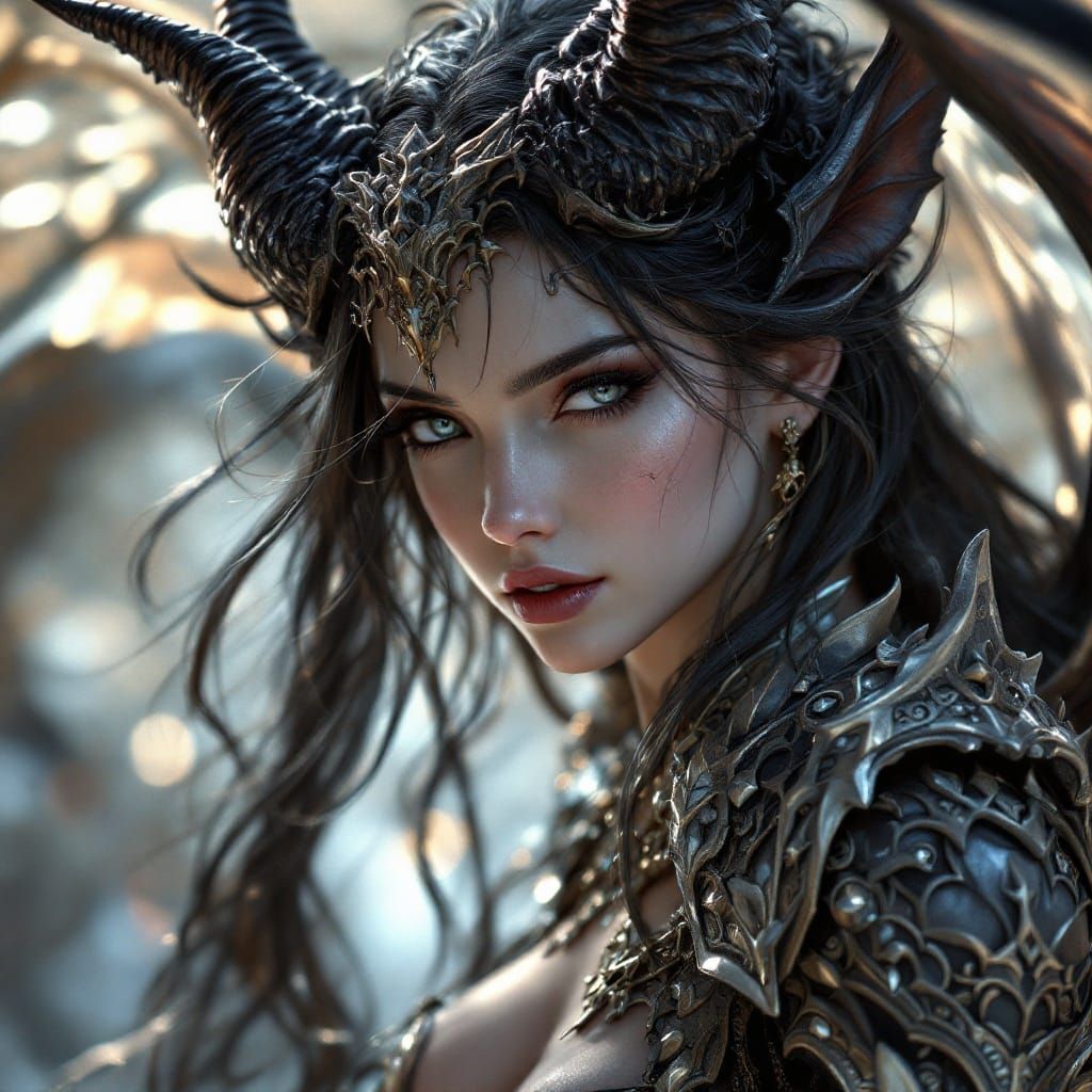Ethereal Fantasy Warrior with Majestic Horns and Wings