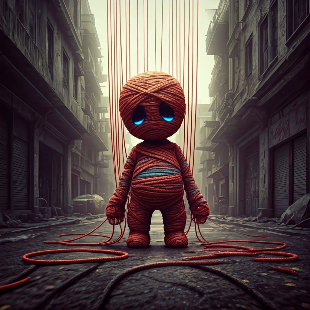 Sad String Puppet in Apocalyptic Street Scene