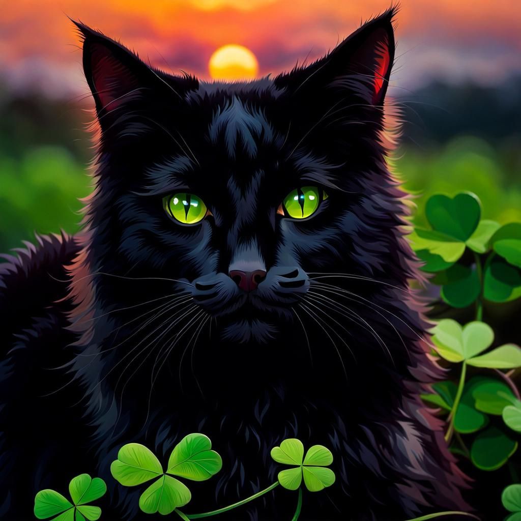 Black Cat and Shamrock in Sunset Light