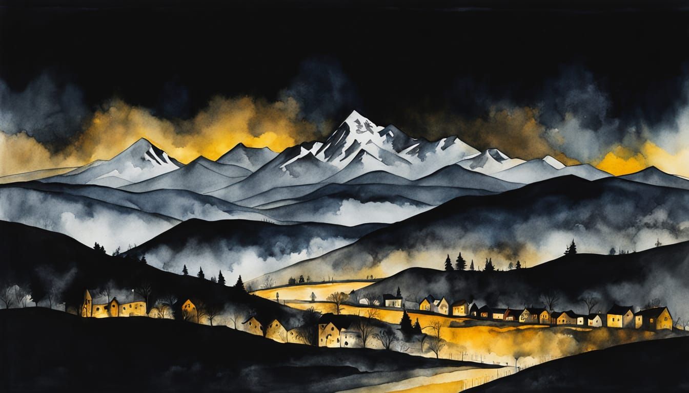 Surreal Watercolor Village Panorama Under Golden Night Sky