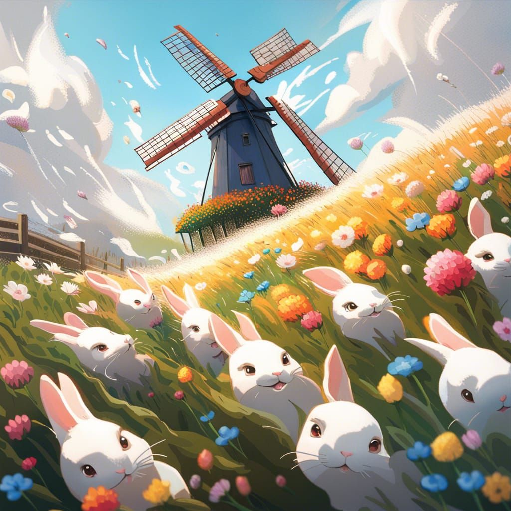 Hyperrealistic Bunny Field with Windmill and Flowers