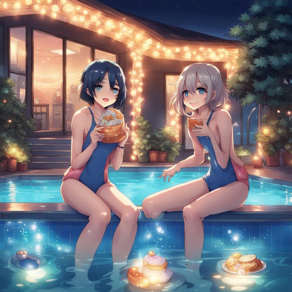 Girls' Midnight Swim in Anime Art Style