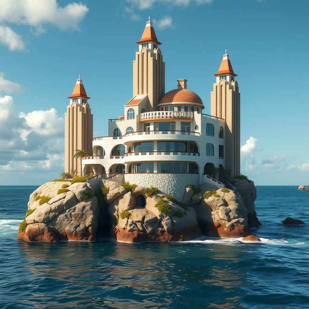 Art Deco House on Ocean Rock with Intricate Design